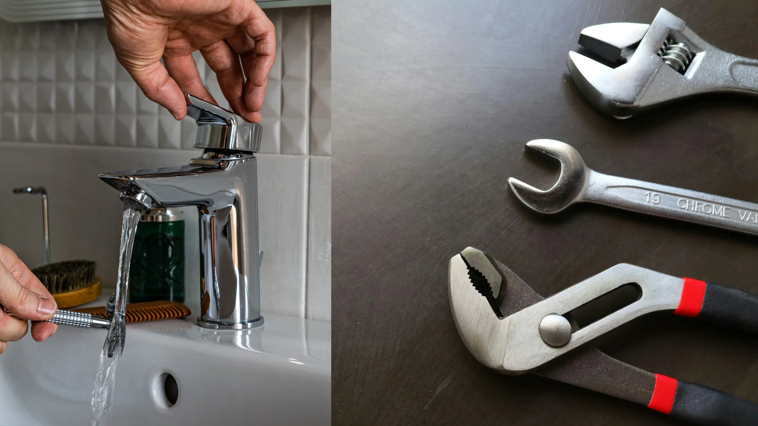 Plumbing tools arranged on a dark work surface